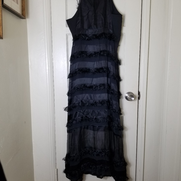 HUNTER BELL black overlay fuzzy stripe sleeveless spaghetti strap maxi dress - Picture 3 of 10
